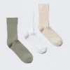 3-Pack Ribbed Crew Socks – Green/White/Beige 3-Pack Ribbed Crew Socks – Green/White/Beige