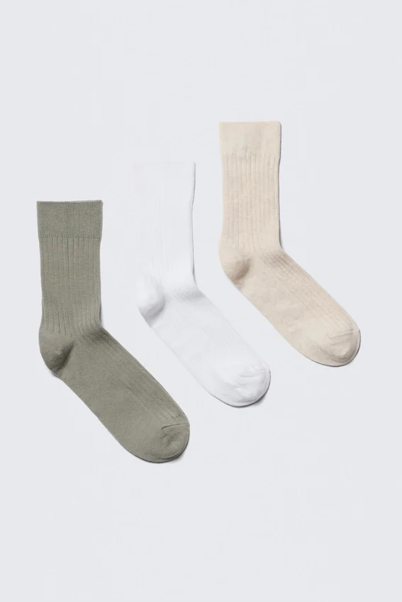 3-Pack Ribbed Crew Socks – Green/White/Beige 3-Pack Ribbed Crew Socks – Green/White/Beige