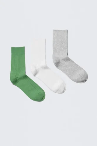 3-Pack Ribbed Crew Socks – Green/White/Grey