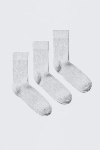 3-Pack Ribbed Crew Socks – Grey Melange