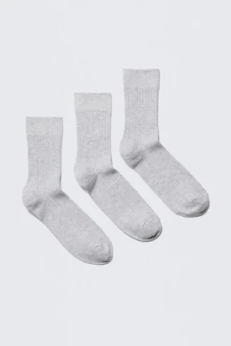 3-Pack Ribbed Crew Socks – Light Grey