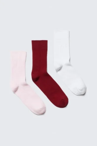 3-Pack Ribbed Crew Socks – Pink/Red/White 3-Pack Ribbed Crew Socks – Pink/Red/White