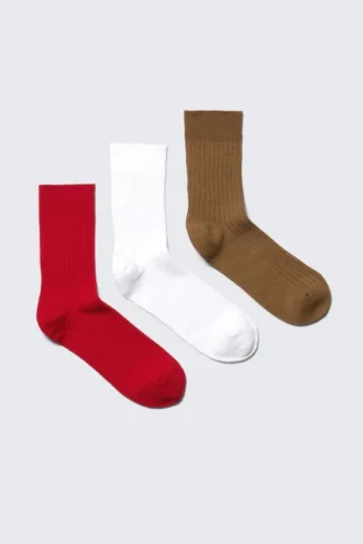 3-Pack Ribbed Crew Socks – Red/White/Brown