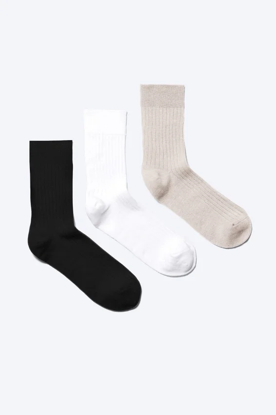 3-Pack Ribbed Crew Socks – White + Grey + Black 3-Pack Ribbed Crew Socks – White + Grey + Black