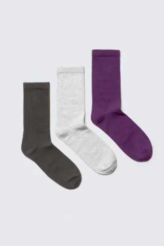 3-Pack Ribbed Sporty Crew Socks – Dark Grey/Light Grey/Violet