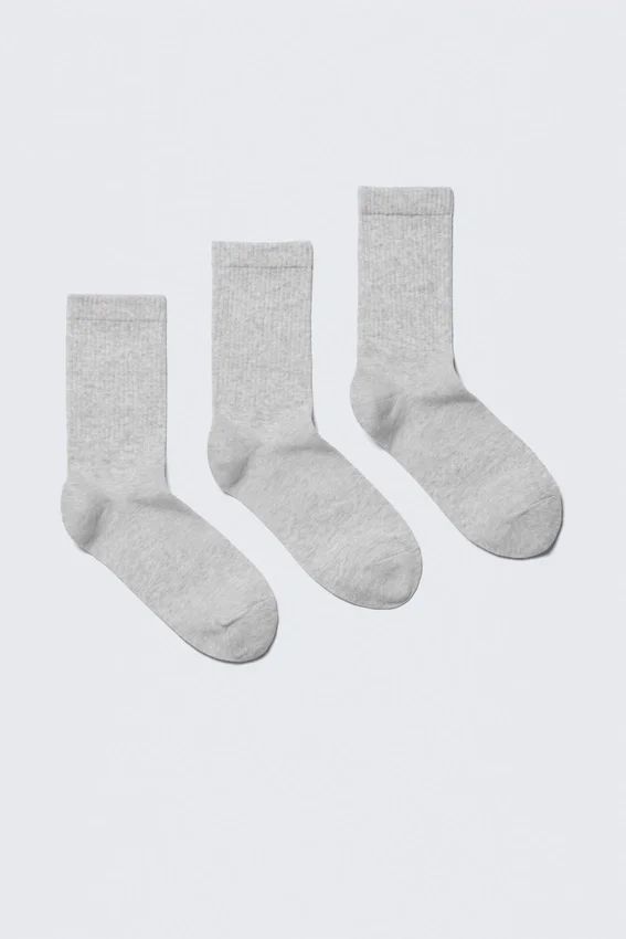 3-Pack Ribbed Sporty Crew Socks – Grey Melange 3-Pack Ribbed Sporty Crew Socks – Grey Melange