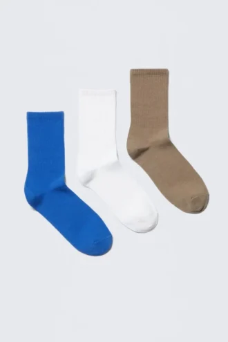 3-Pack Solid Crew Socks – Blue/White/Beige