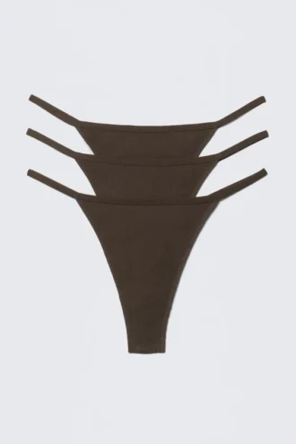 3-Pack Stella Ribbed Cotton Thongs – Dark Brown