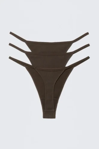 3-Pack Stella Ribbed Cotton Thongs – Dark Brown