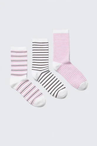 3-Pack Striped Crew Socks – White – Black & Pink Stripes