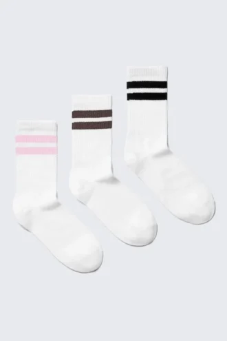 3-Pack Striped Crew Socks – White – Black Stripes