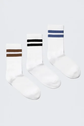 3-Pack Striped Crew Socks – White – Brown/Black/Blue