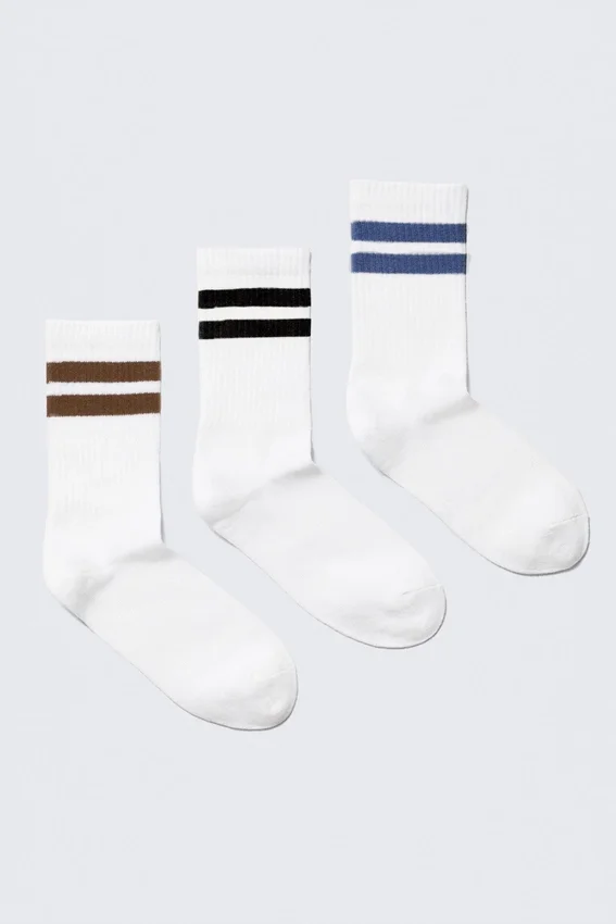 3-Pack Striped Crew Socks – White – Brown/Black/Blue 3-Pack Striped Crew Socks – White – Brown/Black/Blue