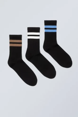 3-Pack Striped Sport Socks – Black – Brown/White/Blue