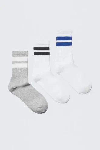 3-Pack Striped Sport Socks – Grey/White – Multi Stripes