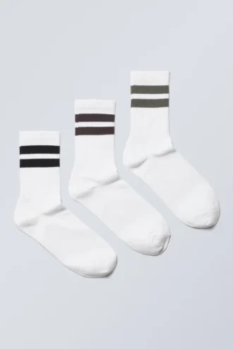 3-Pack Striped Sport Socks – White – Black/Brown/Green