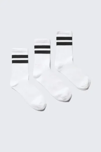 3-Pack Striped Sport Socks – White W Black Stripes