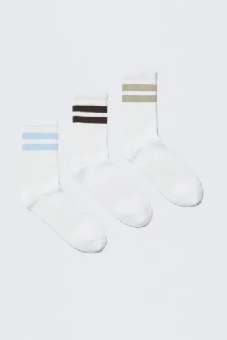 3-Pack Striped Sport Socks – White – Blue/Black/Beige
