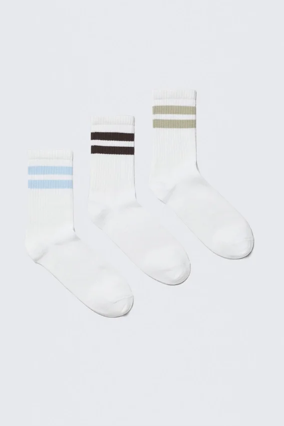 3-Pack Striped Sport Socks – White – Blue/Black/Beige 3-Pack Striped Sport Socks – White – Blue/Black/Beige