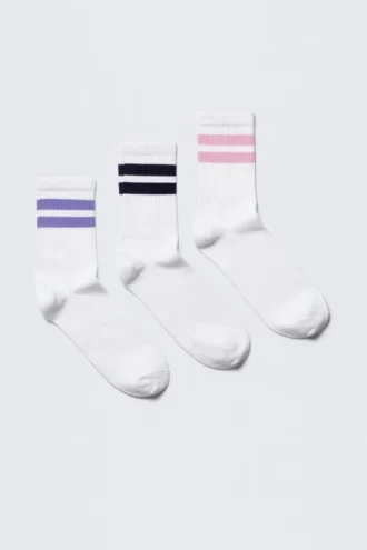 3-Pack Striped Sport Socks – White – Purple/Blue/Pink