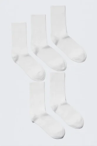 5-Pack Ribbed Crew Socks – White
