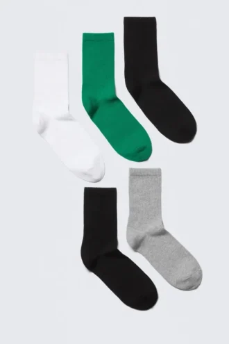 5-Pack Sport Socks – Black/White/Grey/Green