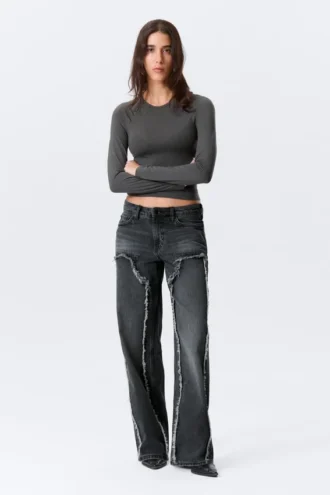 Ample Frayed Low Rise Loose Wide Jeans – Kimberly Blue – Dark Blue