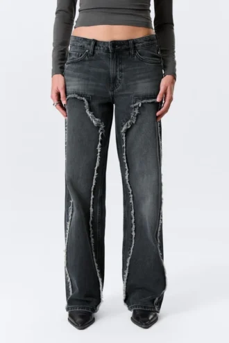 Ample Frayed Low Rise Loose Wide Jeans – Kimberly Blue – Dark Blue