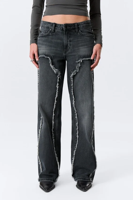 Ample Frayed Low Rise Loose Wide Jeans – Kimberly Blue – Dark Blue Ample Frayed Low Rise Loose Wide Jeans – Kimberly Blue – Dark Blue