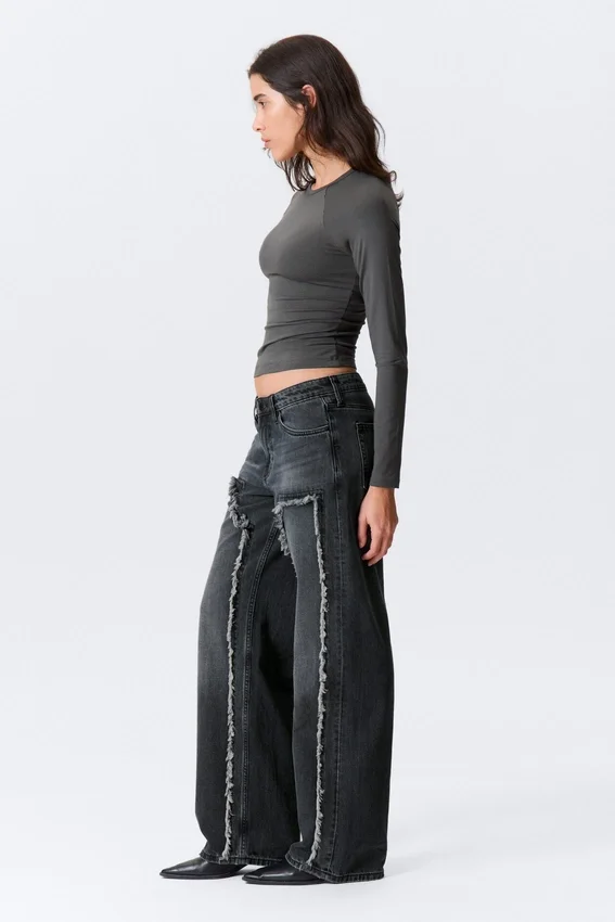 Ample Frayed Low Rise Loose Wide Jeans – Kimberly Blue – Dark Blue Ample Frayed Low Rise Loose Wide Jeans – Kimberly Blue – Dark Blue