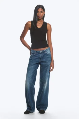 Ample Low Rise Loose Wide Jeans – Mine Blue – Medium Blue