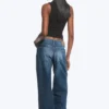 Ample Low Rise Loose Wide Jeans – Mine Blue – Medium Blue