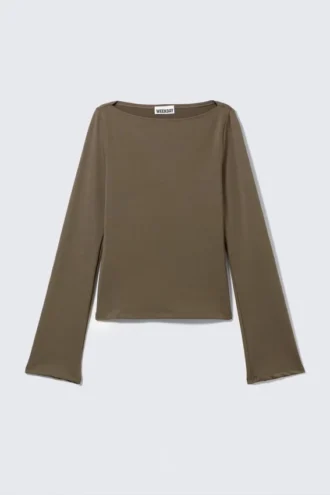 Annie Long-Sleeved Boat-Neck Top – Dark Mole