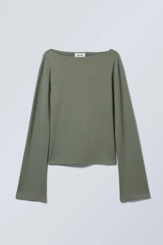 Annie Long-Sleeved Boat-Neck Top – Dusty Khaki Green