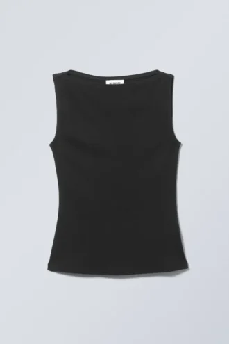 Annie Rib Boat-Neck Top – Black