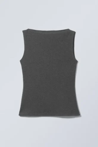 Annie Rib Boat-Neck Top – Dark Grey Melange