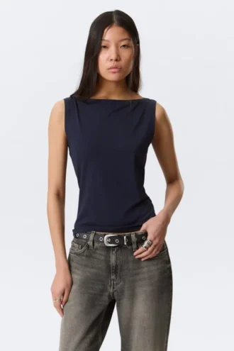 Annie Sleeveless Boat-Neck Top – Dark Blue