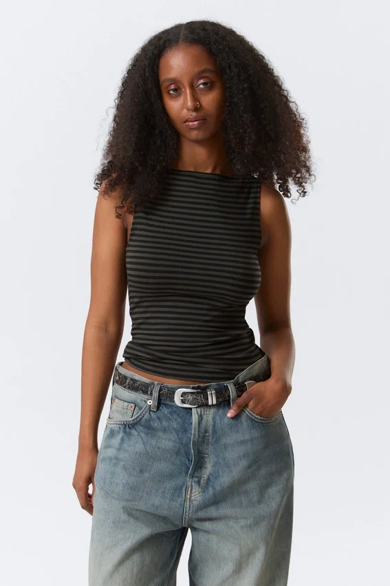 Annie Striped Sleeveless Boat-Neck Top – Black & Grey Stripes Annie Striped Sleeveless Boat-Neck Top – Black & Grey Stripes