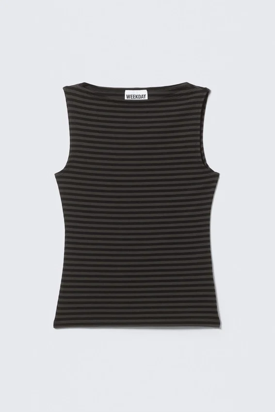 Annie Striped Sleeveless Boat-Neck Top – Black & Grey Stripes Annie Striped Sleeveless Boat-Neck Top – Black & Grey Stripes