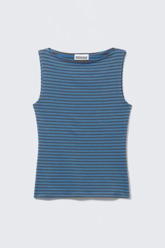 Annie Striped Sleeveless Boat-Neck Top – Blue & Dark Mole Stripes