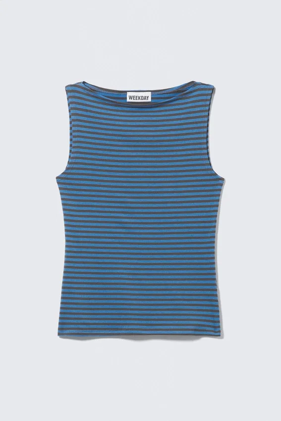 Annie Striped Sleeveless Boat-Neck Top – Blue & Dark Mole Stripes Annie Striped Sleeveless Boat-Neck Top – Blue & Dark Mole Stripes