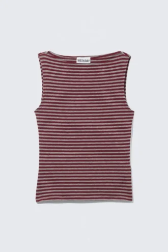 Annie Striped Sleeveless Boat-Neck Top – Dark Red & Grey Stripes