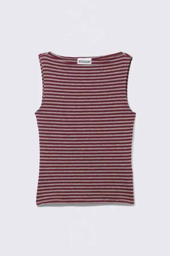 Annie Striped Sleeveless Boat-Neck Top – Dark Red & Grey Stripes Annie Striped Sleeveless Boat-Neck Top – Dark Red & Grey Stripes