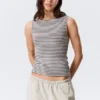 Annie Striped Sleeveless Boat-Neck Top – Grey & White Stripes Annie Striped Sleeveless Boat-Neck Top – Grey & White Stripes