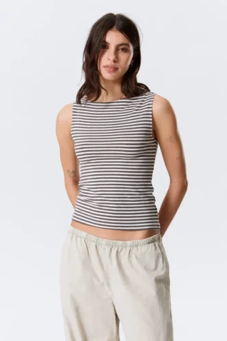 Annie Striped Sleeveless Boat-Neck Top – Grey & White Stripes