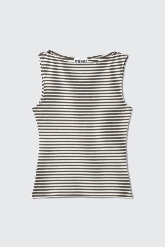 Annie Striped Sleeveless Boat-Neck Top – Grey & White Stripes Annie Striped Sleeveless Boat-Neck Top – Grey & White Stripes