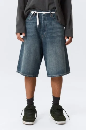Astro Mid Rise Loose Baggy Denim Shorts – Blue Hymn – Medium Blue