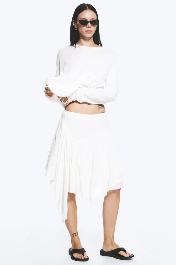 Asymmetric Cotton Midi Skirt – Dusty White Asymmetric Cotton Midi Skirt – Dusty White