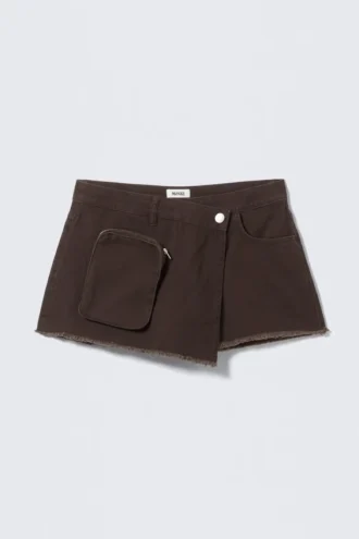 Asymmetric Cotton Twill Wrap Skort – Dark Brown