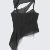 Asymmetric Cut-Out Mesh Top – Dark Grey – Dots Asymmetric Cut-Out Mesh Top – Dark Grey – Dots